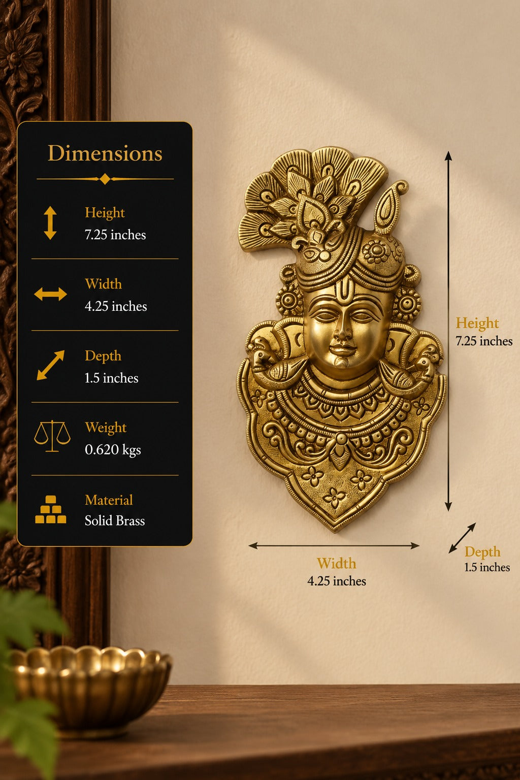 Handcrafted Brass Lord Hanuman Wall Hanging | Traditional Divine Face Brass Décor