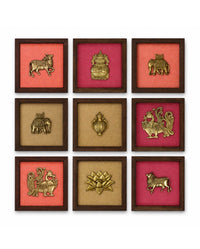 Set of Nine Brass Figurines Wooden Wall Frames
