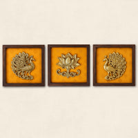 Set of Three Brass Peacock And Lotus Wall Frames