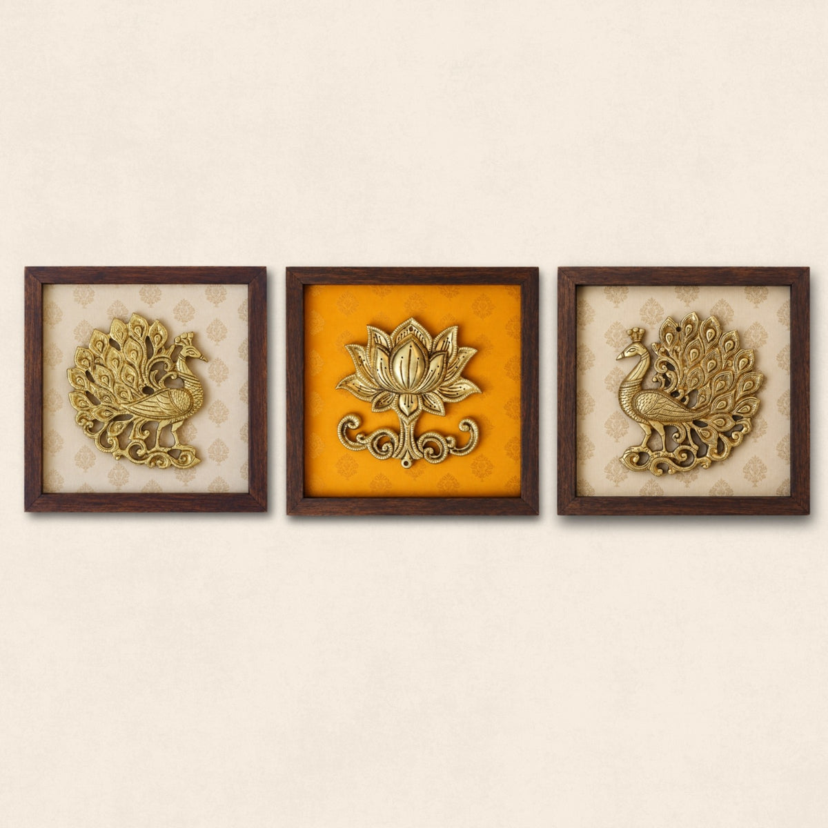 Set of Three Brass Peacock And Lotus Wall Frames