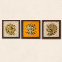 Set of Three Brass Peacock And Lotus Wall Frames