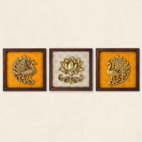 Set of Three Brass Peacock And Lotus Wall Frames