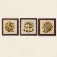 Set of Three Brass Peacock And Lotus Wall Frames
