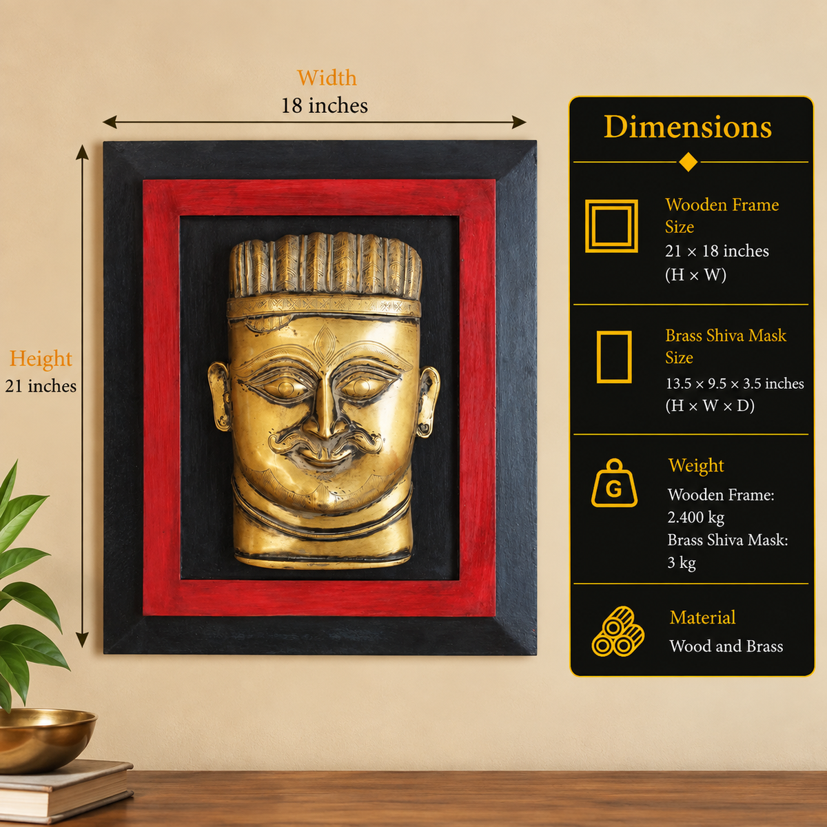 Wooden Frame and Brass Shiva Mask Hanging