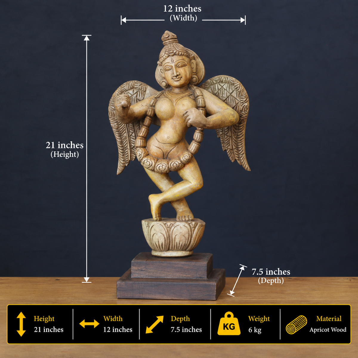 Hand-Carved Wooden Winged Angel Figure | Single