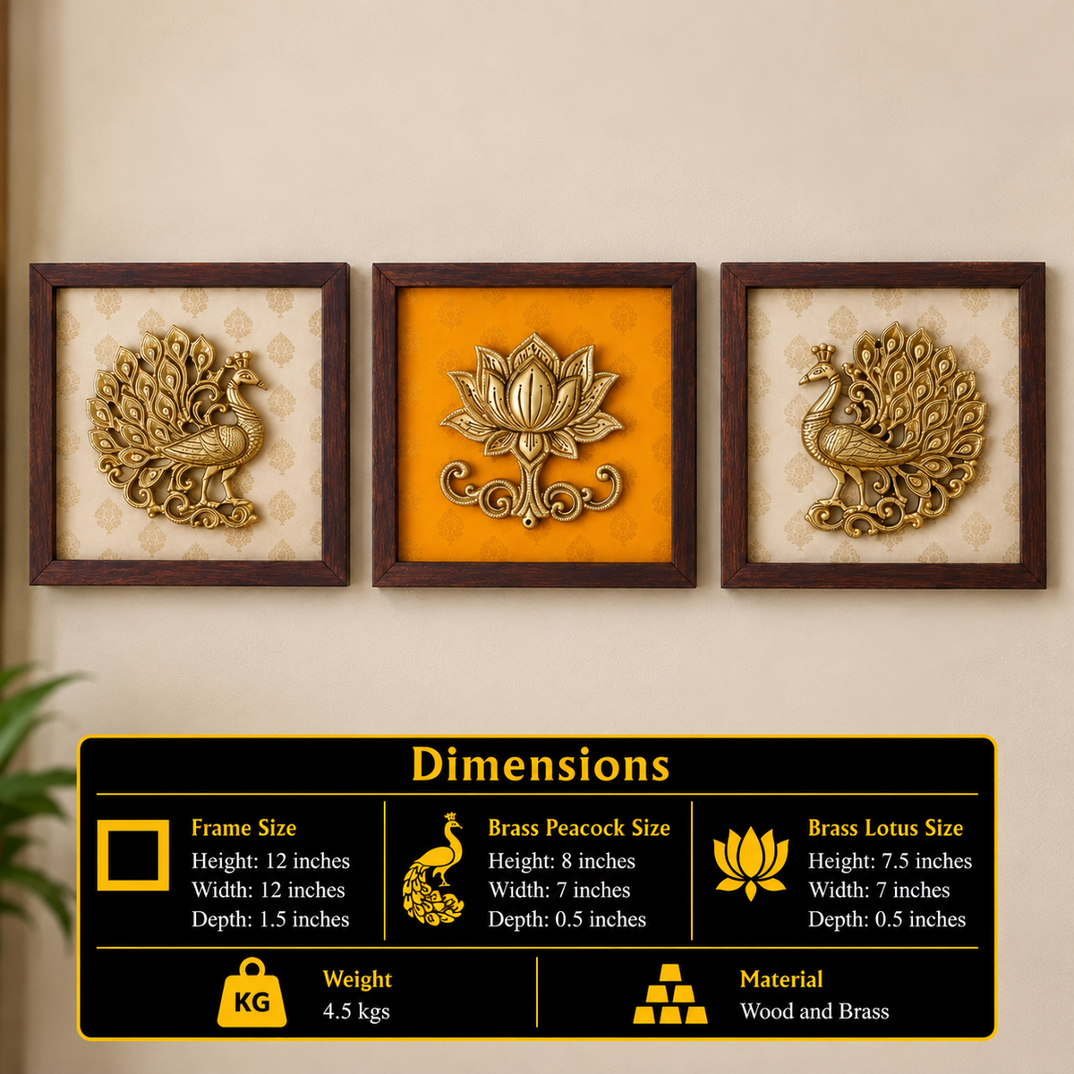 Set of Three Brass Peacock And Lotus Wall Frames