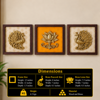 Set of Three Brass Peacock And Lotus Wall Frames