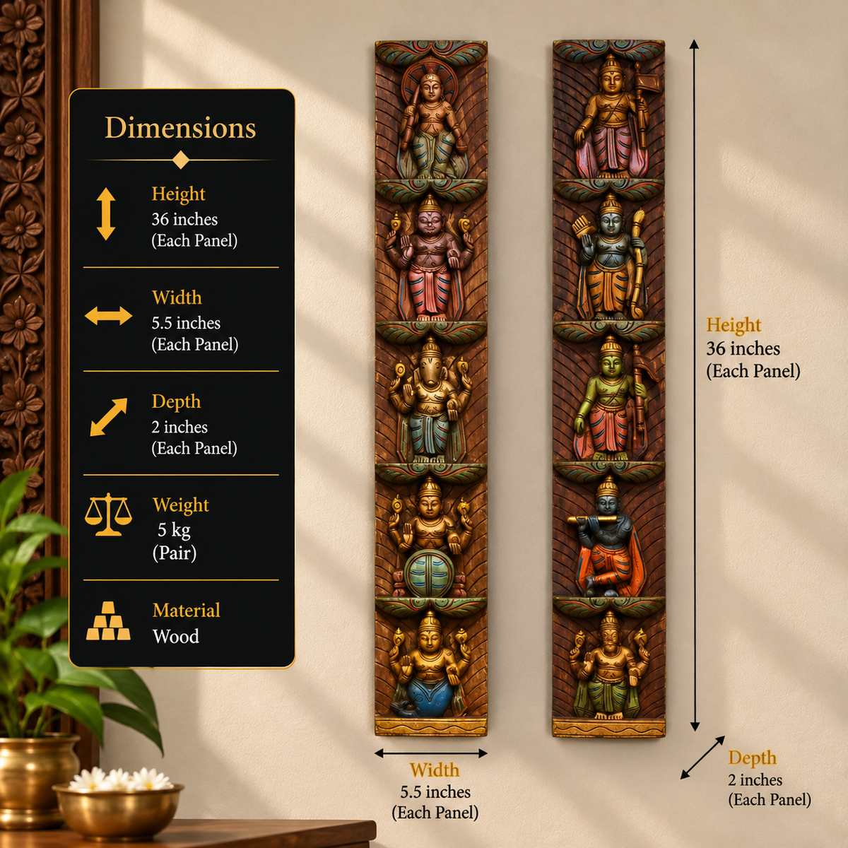 Wooden Wall Panel Dasavthar 36"-Set of 2