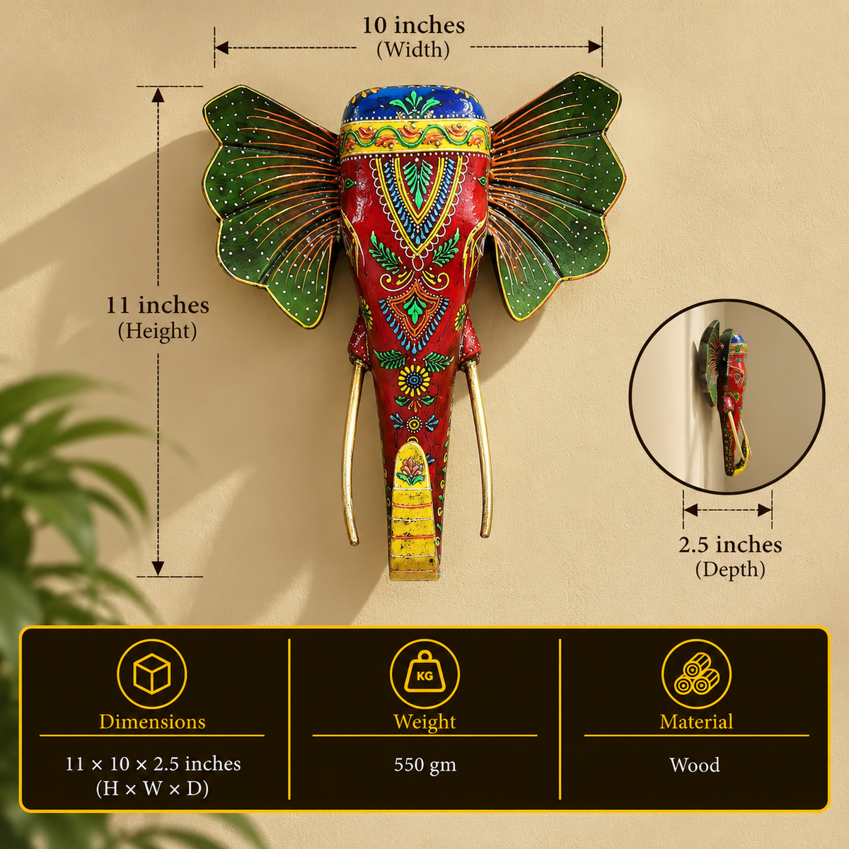 Wooden Painted Elephant Wall Hanging