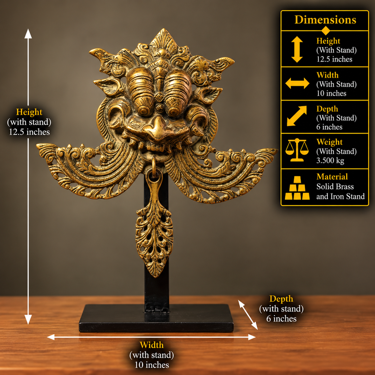 Brass Vintage Finish Kirtmukha Mask on Stand