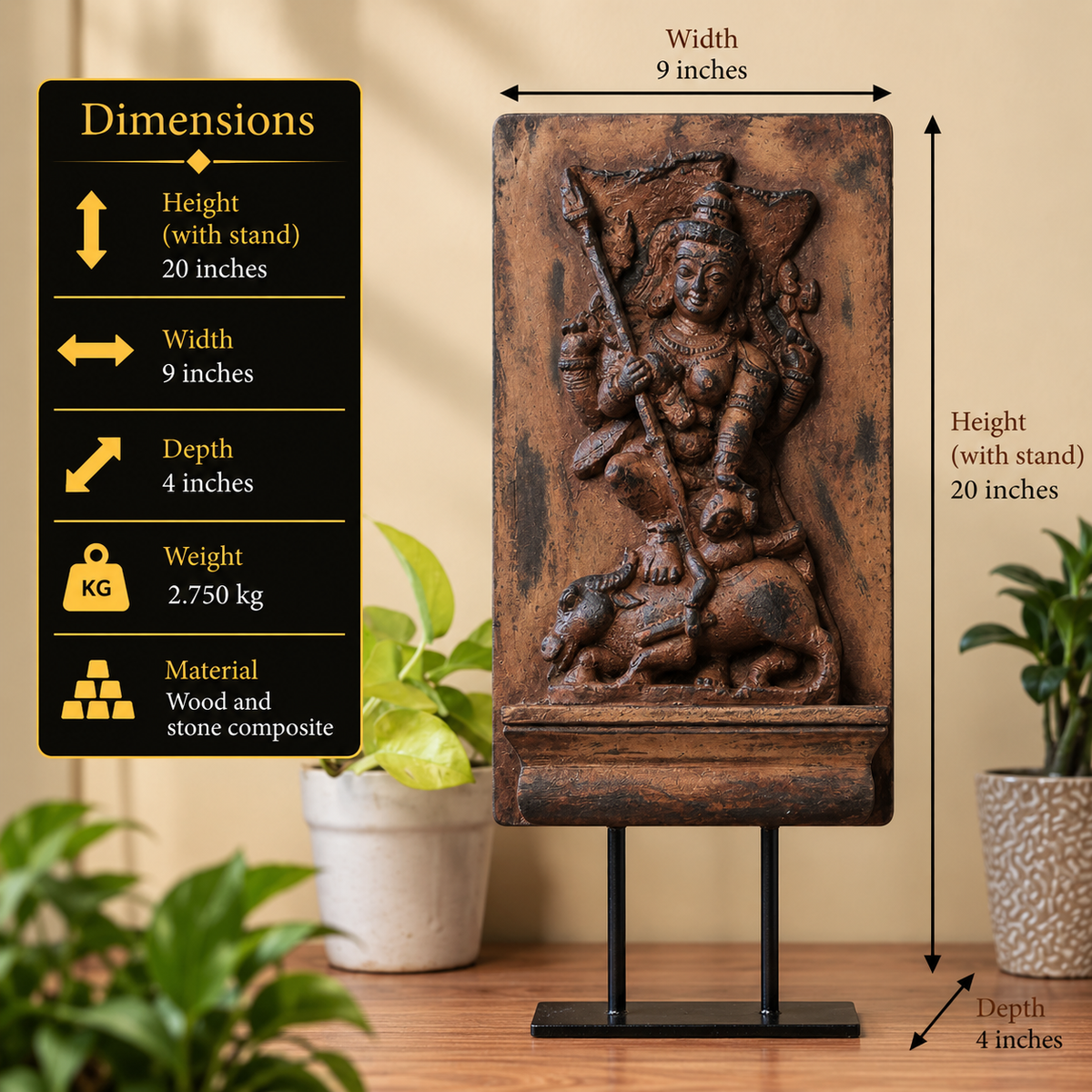 Vintage Wood / Stone Kali Mahisura Mardini Idol