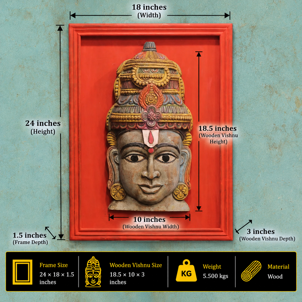 Wooden Vishnu Mask With Wooden Handcrafted Frame