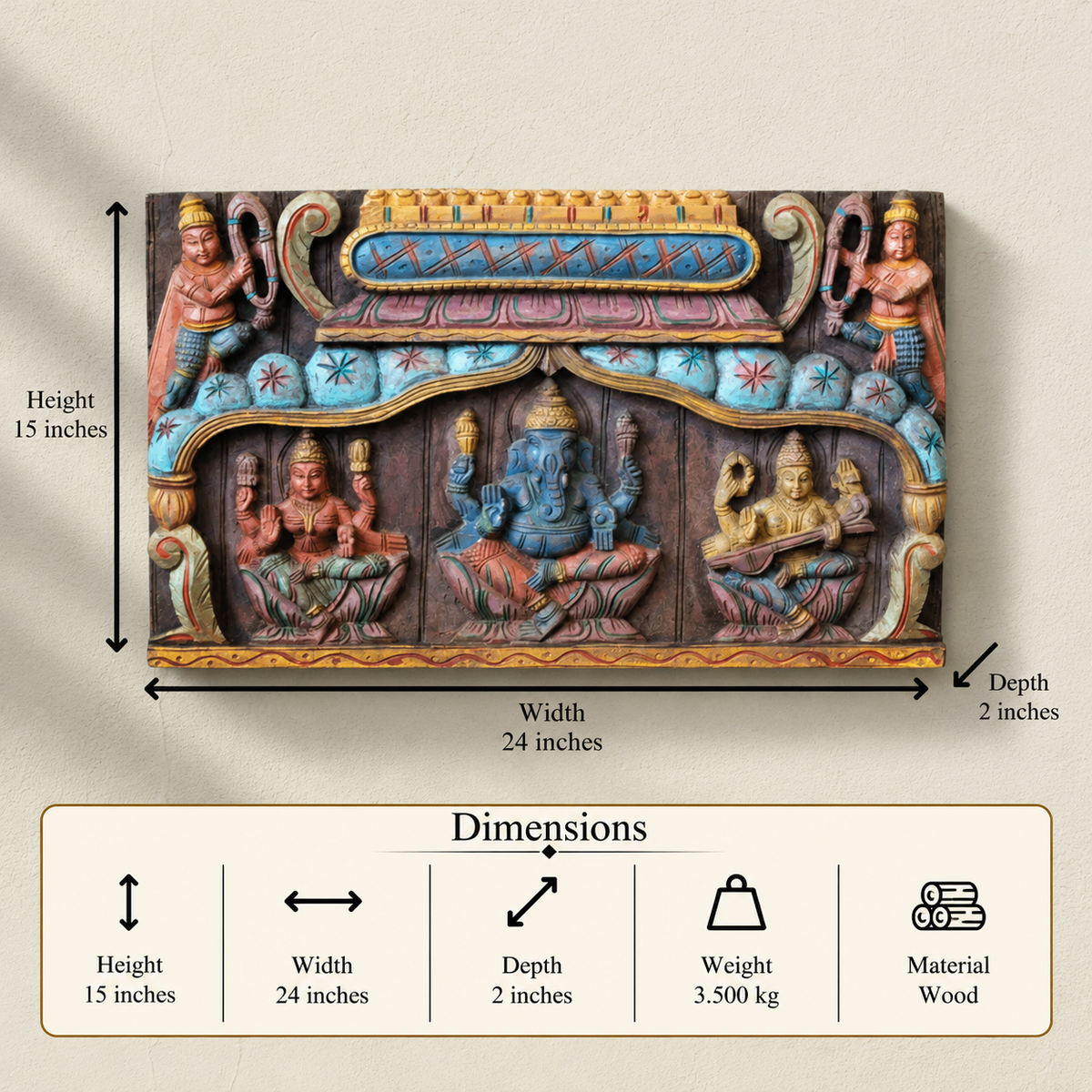 Handcrafted Wooden Ganesha Lakshmi Saraswati Panel