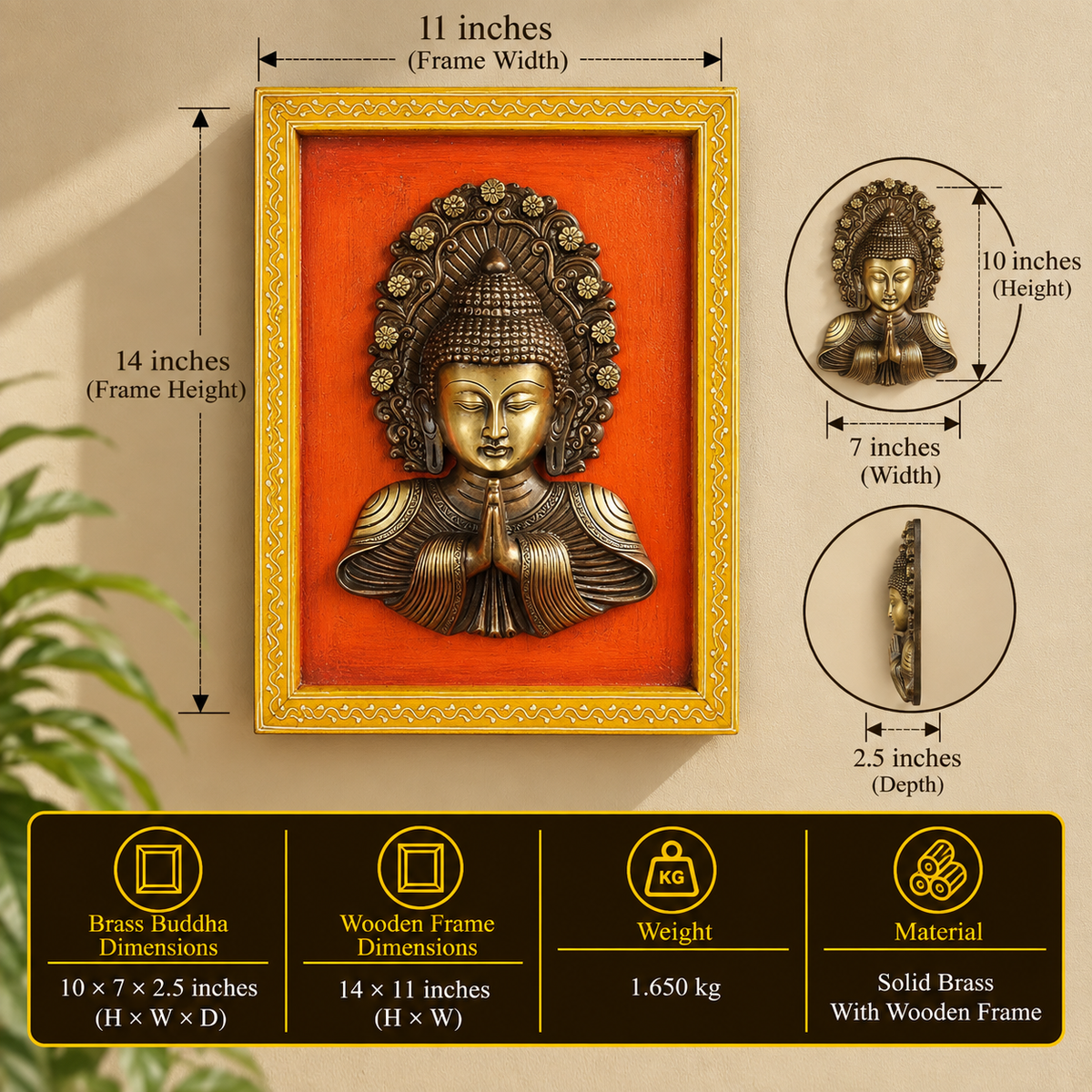 Brass Buddha Namaste Mask  Wooden Frame