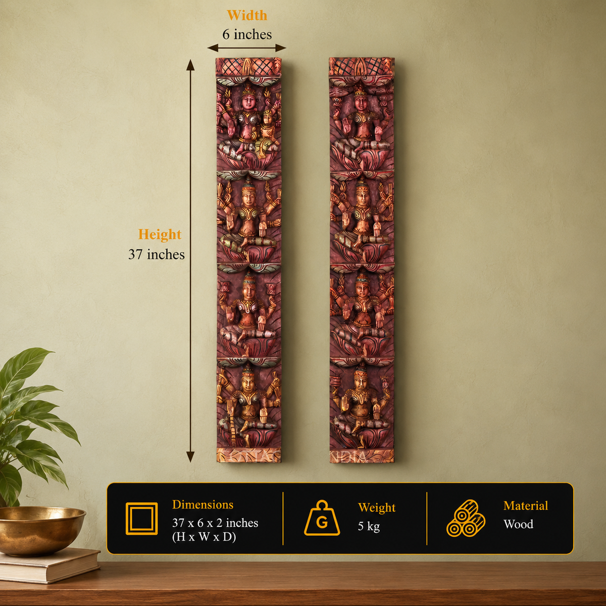Wooden Wall Panel Ashtalaxmi 36" -Set of 2