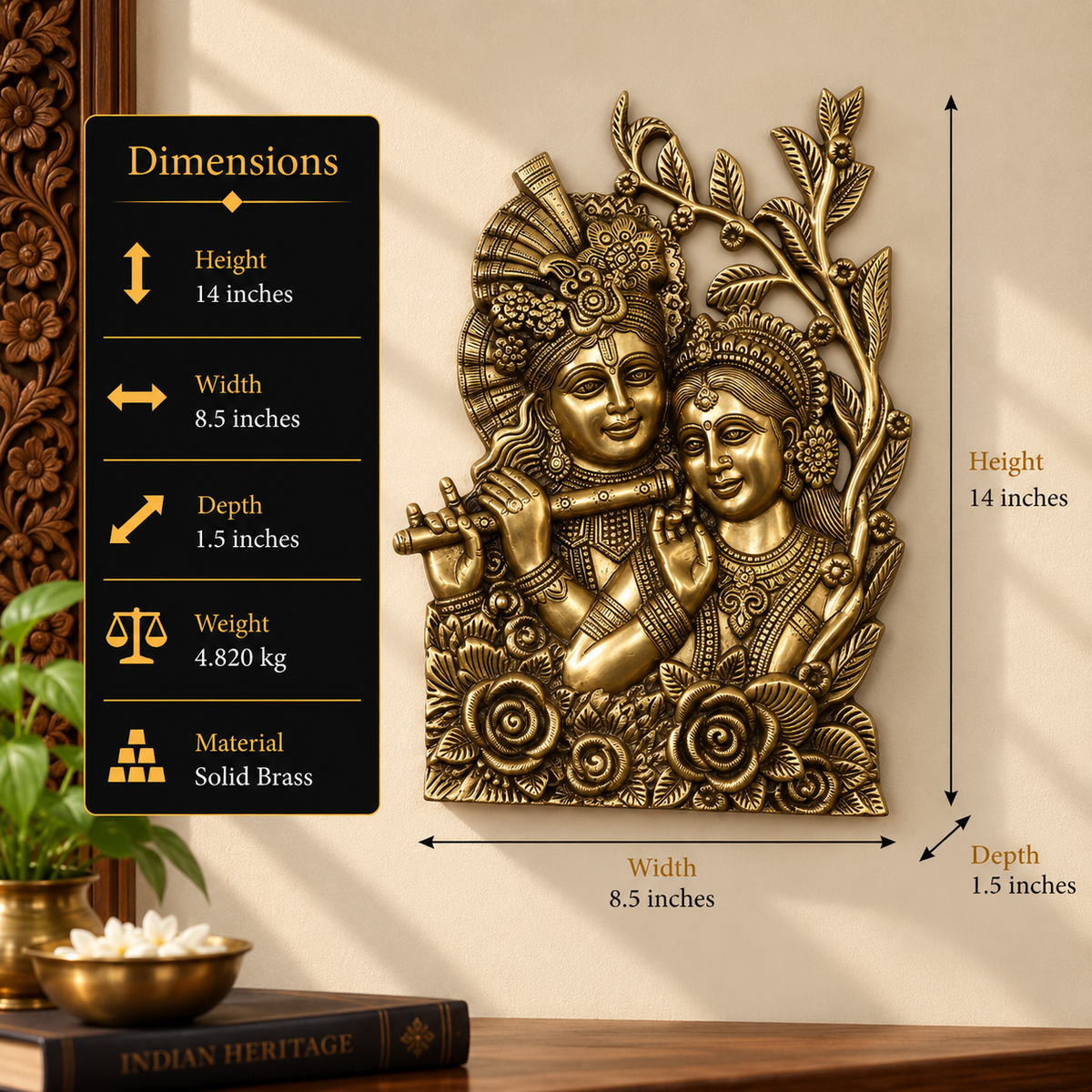 Brass Radha Krishna Wall Art – Divine Harmony in Brass
