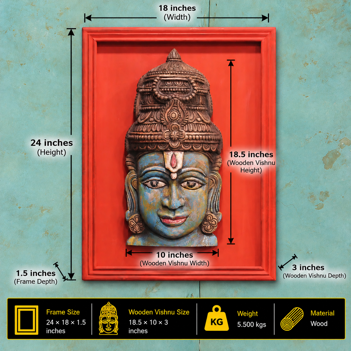Wooden Vishnu Mask With Wooden Handcrafted Frame