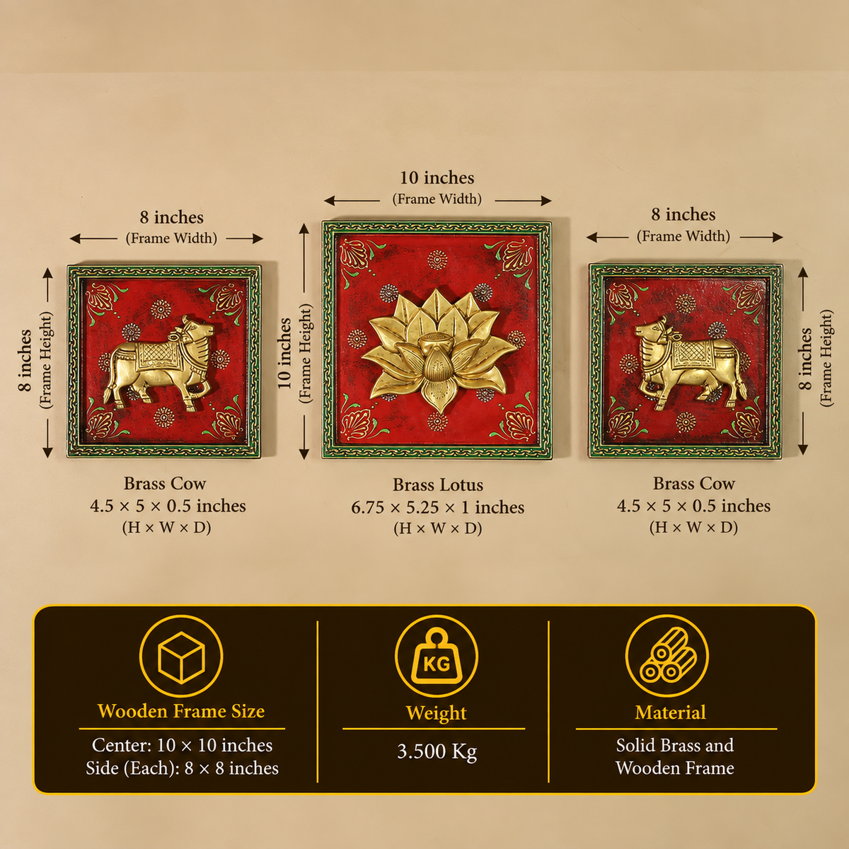 Brass Lotus and Cow pair Wooden Frame