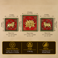 Brass Lotus and Cow pair Wooden Frame