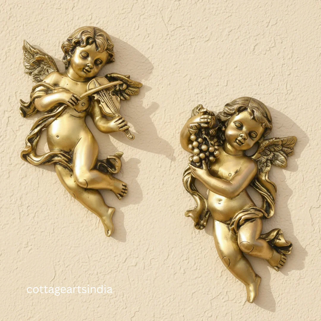 Handcrafted Angel Wall Sculpture Set | Antique Brass Cherub Wall Décor