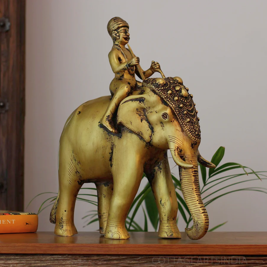 Vintage Finish Brass Elephant with Rider | Royal Heritage Décor Accent