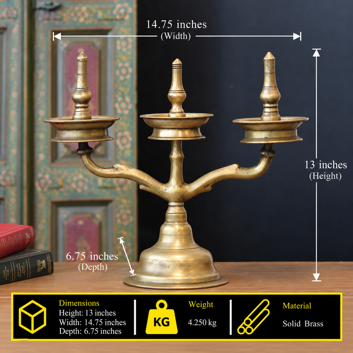 Brass Vintage Kavara Vilakku – 3 Branched Traditional Oil Lamp