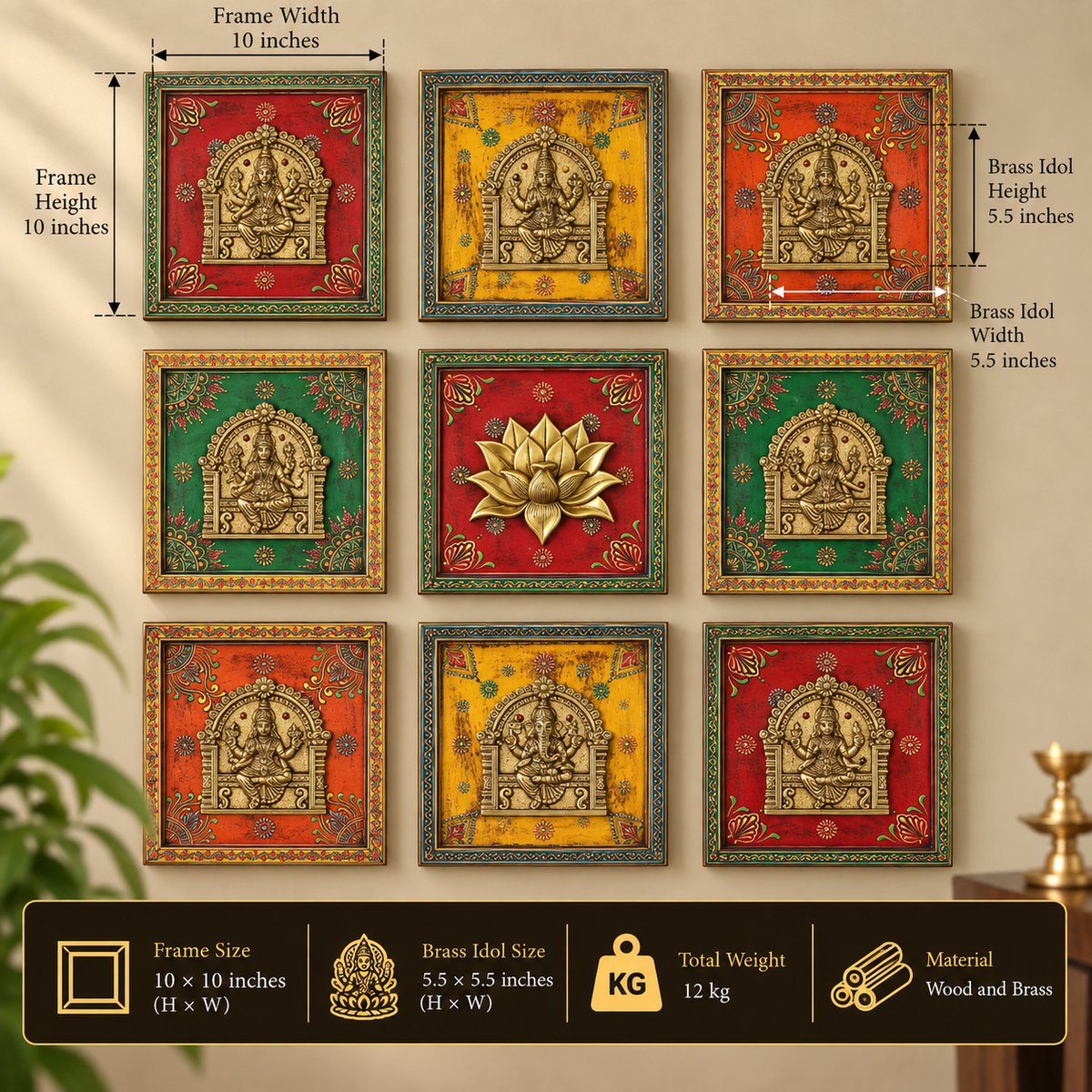 Brass Ashta Lakshmi Wooden Frame (Set of 8 Lakshmi and One Lotus)