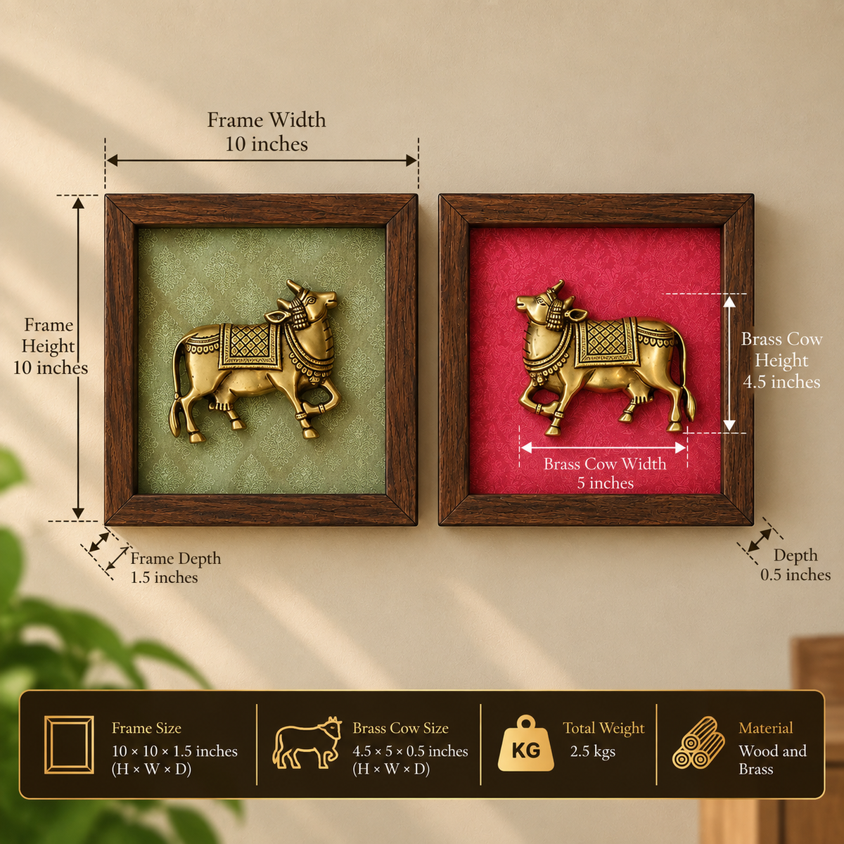Set of Two Brass Cow Wooden Wall Frames