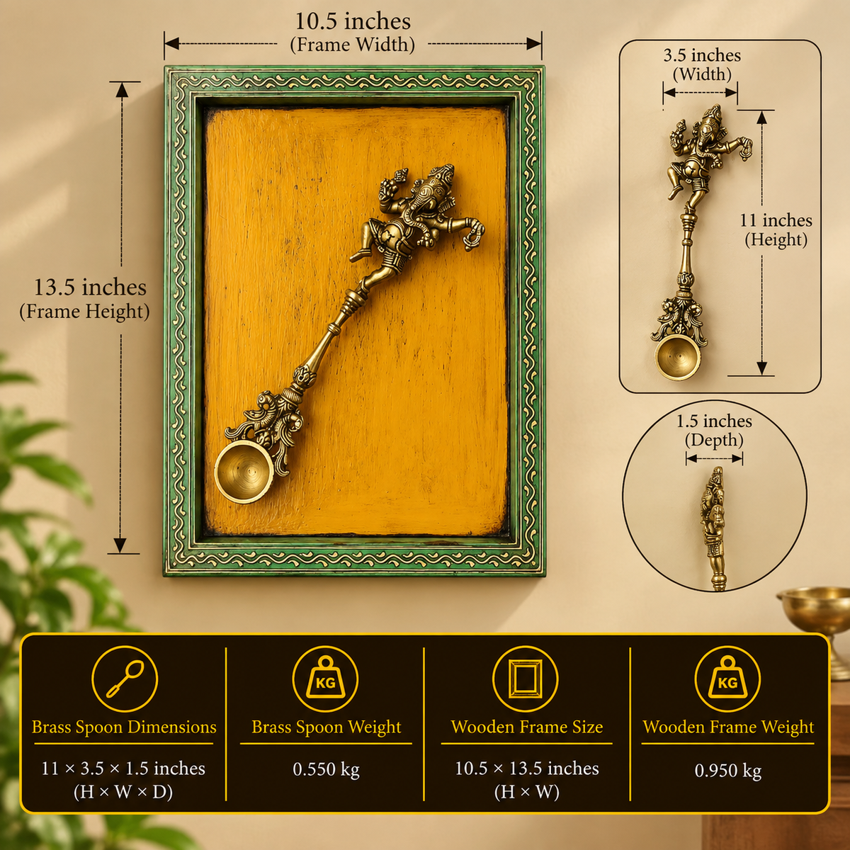 Wooden Frame Brass Ganesh Pooja Spoon