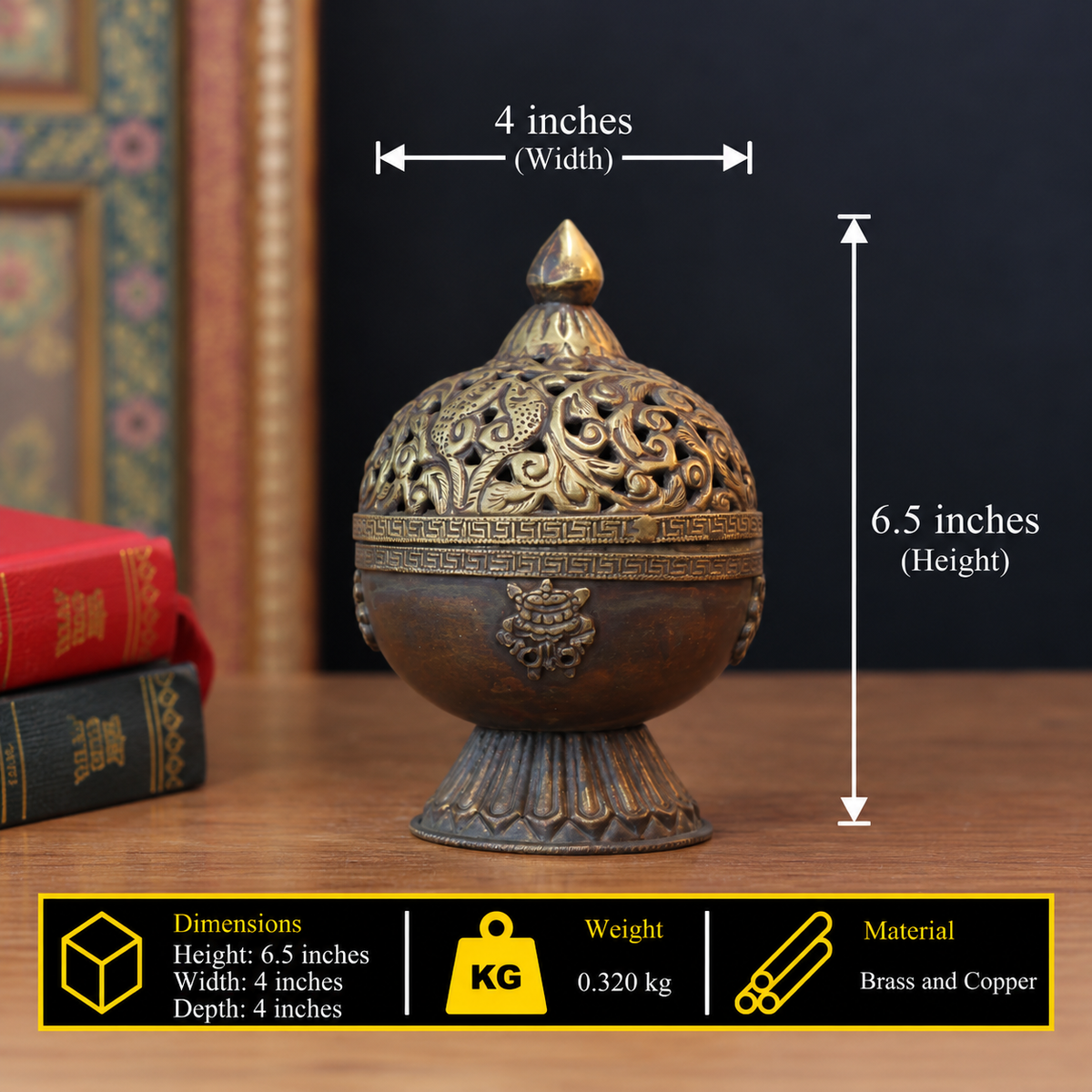 Antique Finished Copper & Brass Dhoop Dani with Tibetan Motifs