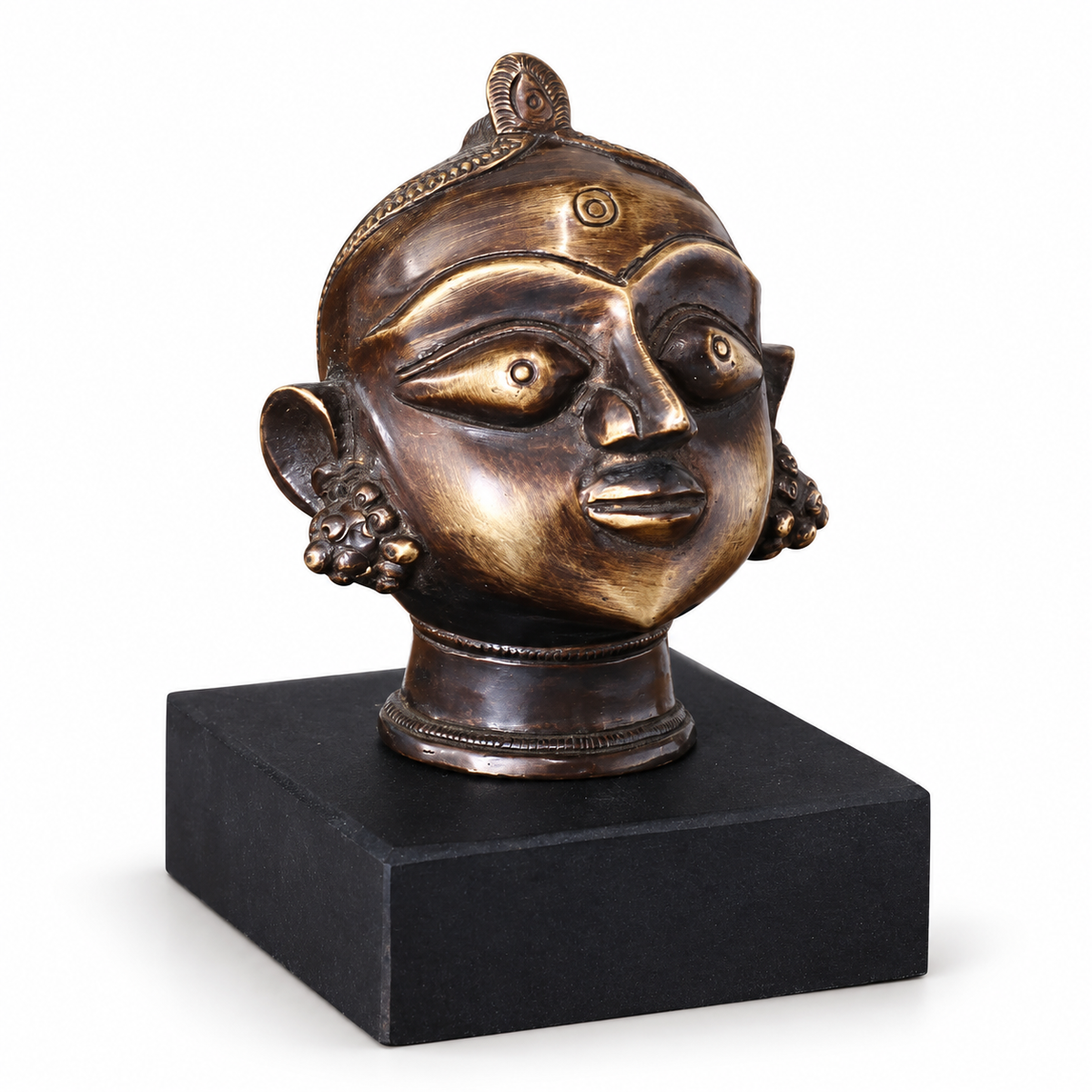 Brass Gauri Head Antique Finish on Wooden Stand