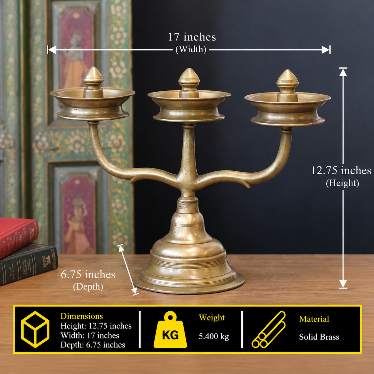 Brass Vintage Kavara Vilakku – 3 Branched Traditional Oil Lamp