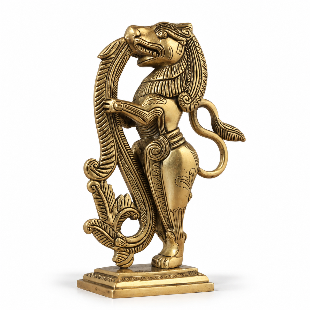 Brass Yali Standing Sculpture with Fine Carving