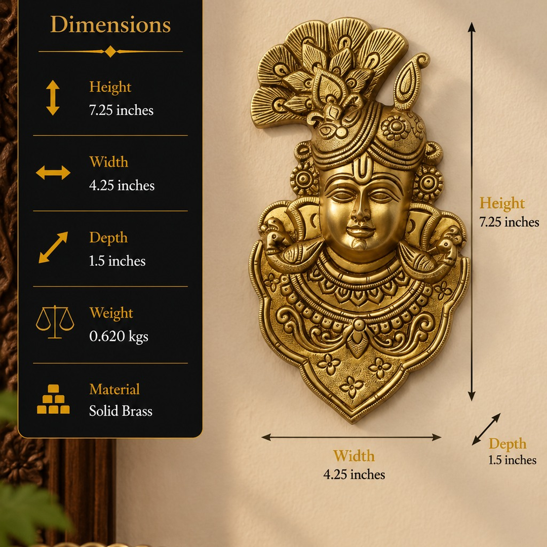Handcrafted Brass Lord Krishna Face Wall Hanging | Peacock Feather Divine Wall Décor