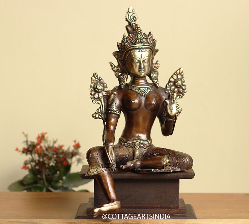 Brass Green Tara  on Wooden Stand