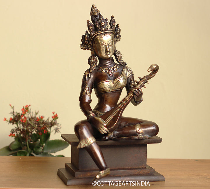 Brass Saraswati on  Wooden Stand