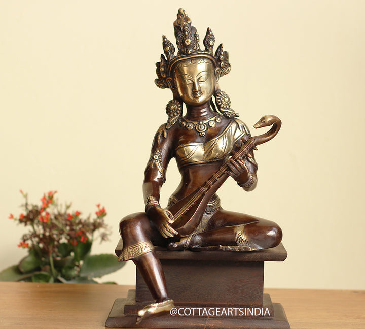Brass Saraswati on  Wooden Stand