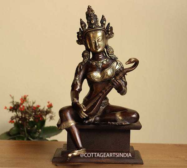 Brass Saraswati on  Wooden Stand