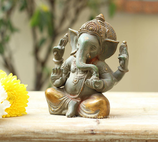 Brass Ganesha In Rustic /Gold Antique Finish