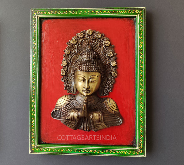 Brass Buddha Namaste Mask  Wooden Frame