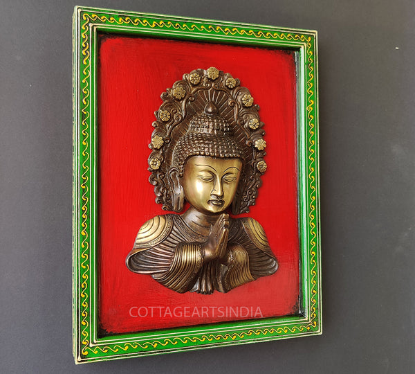 Brass Buddha Namaste Mask  Wooden Frame