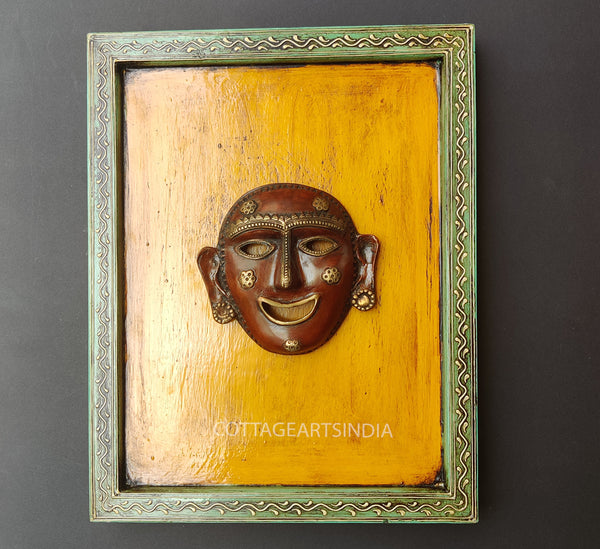 Brass Tribal Man Wall Mask Wooden Frame