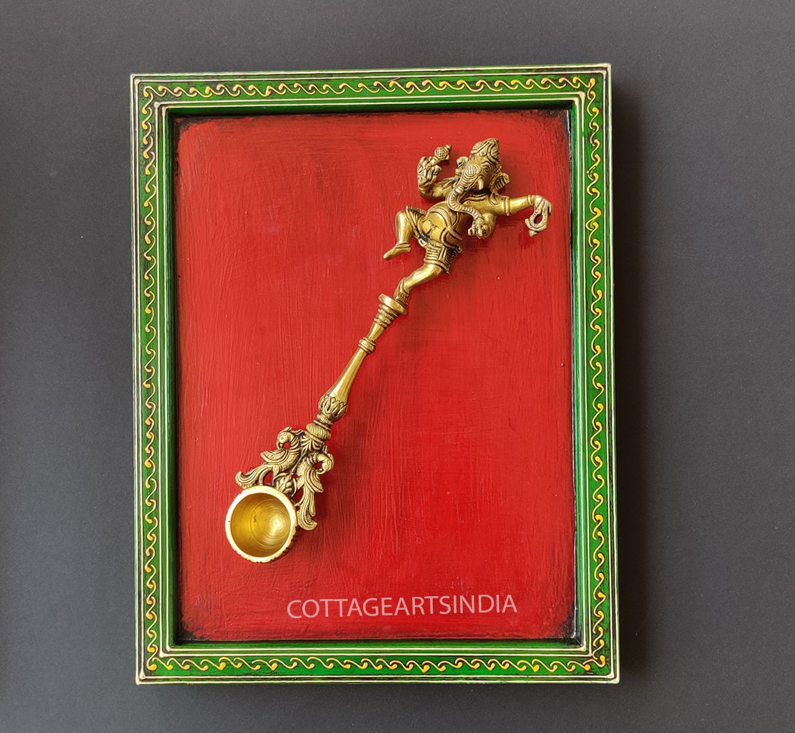 Wooden Frame Brass Ganesh Pooja Spoon