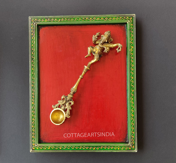 Wooden Frame Brass Ganesh Pooja Spoon