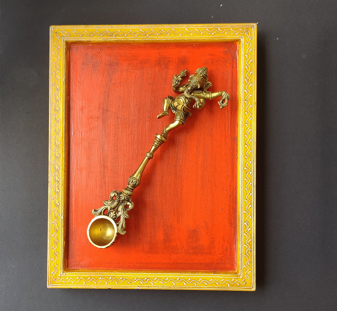 Wooden Frame Brass Ganesh Pooja Spoon