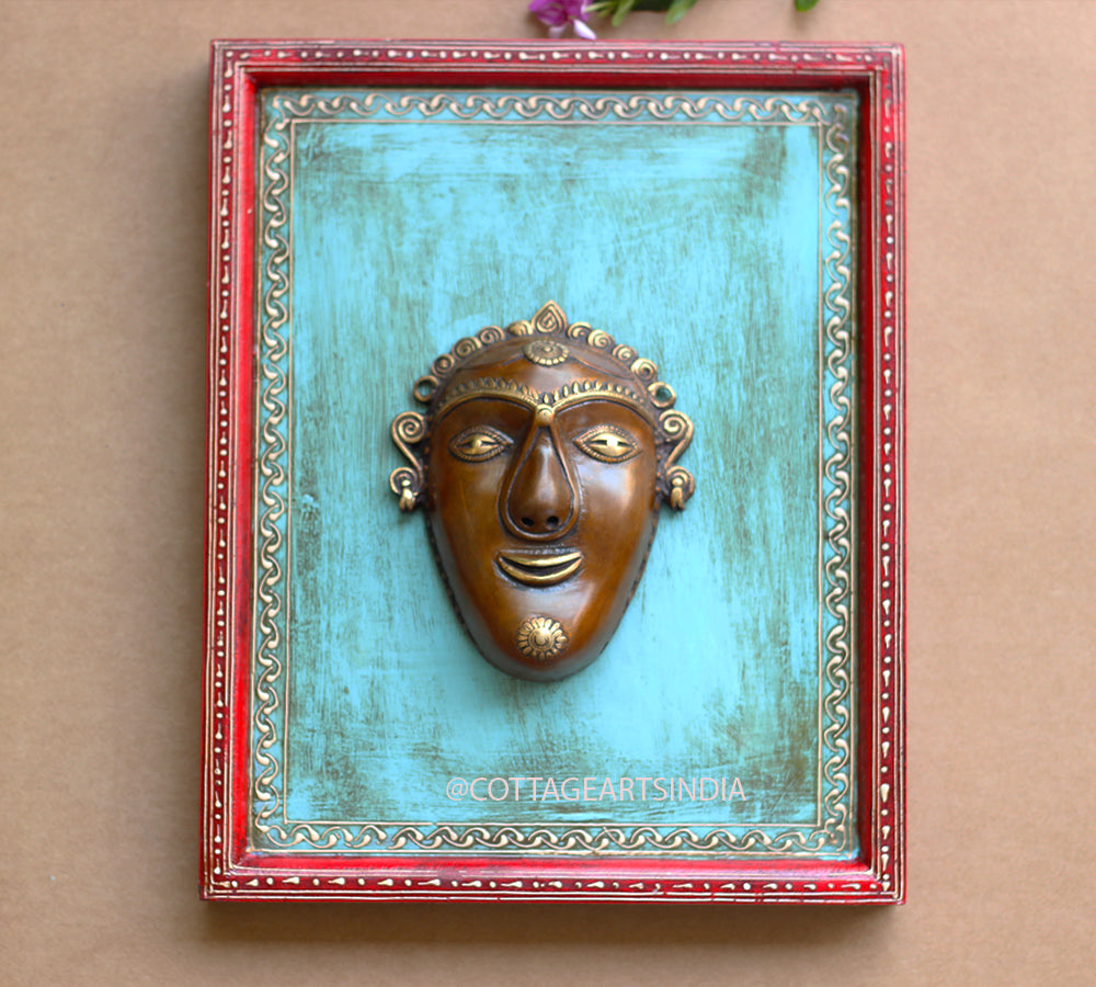 Brass Tibal Wall Mask Wooden Frame
