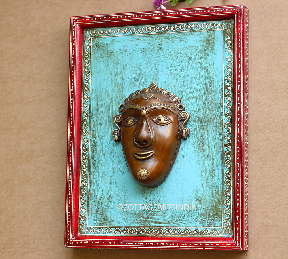 Brass Tibal Wall Mask Wooden Frame