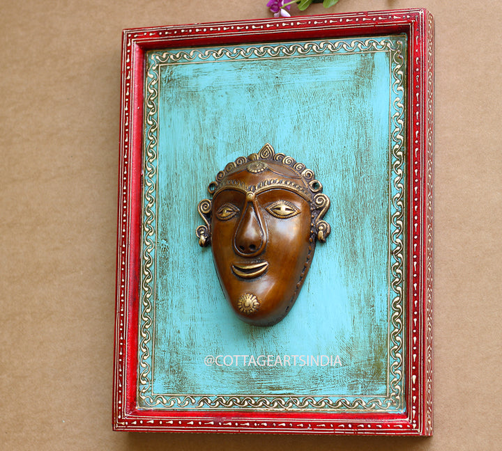 Brass Tibal Wall Mask Wooden Frame