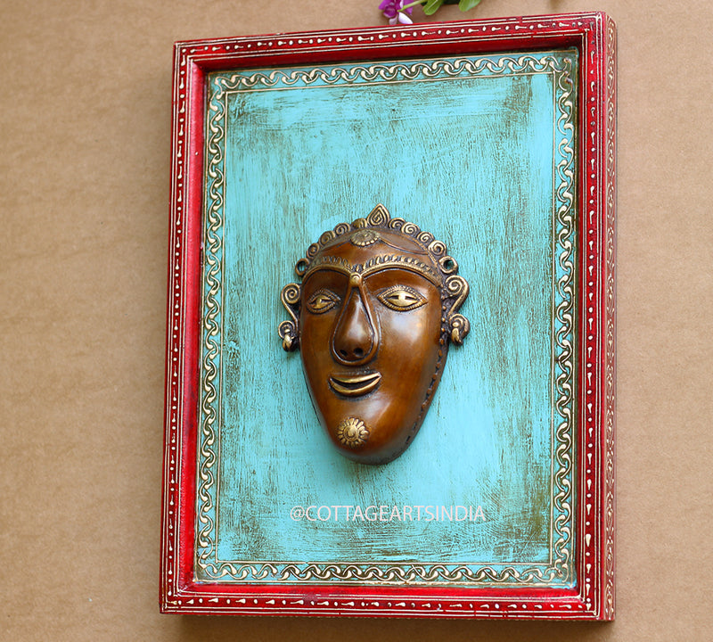 Brass Tibal Wall Mask Wooden Frame