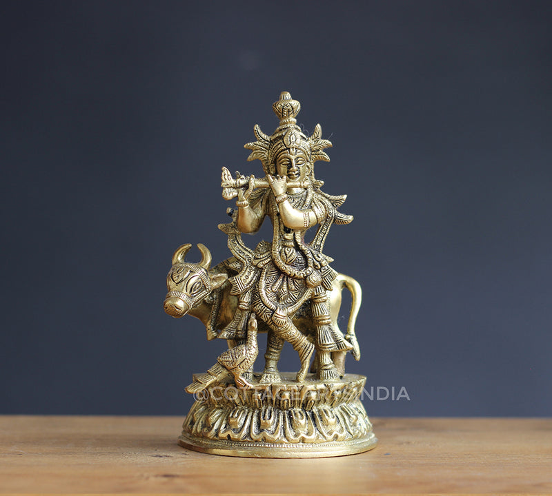 Brass Krishna with Cow 7"